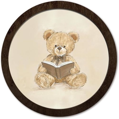PeakClub Reading Nook Reading Room Decor, Cute Bookish Wall Decor, Bear Reading Book Round Wooden Wall Art for Reading Corner Library Classroom Study Room, Book Lover Gifts 10x10 Inch