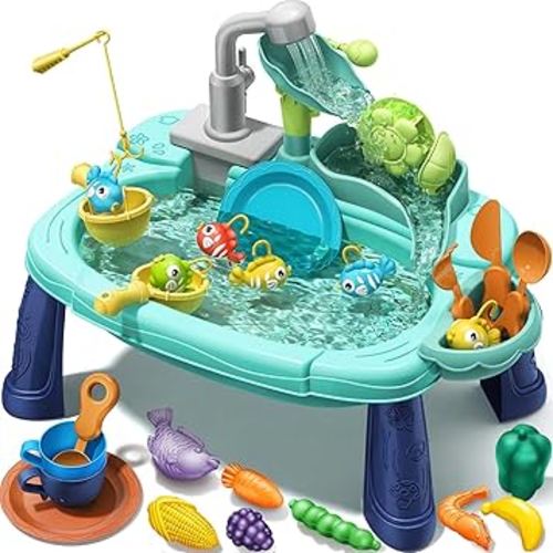 Geyiie Play Sink with Running Water, 14.5''L x 9.4''W x 11.6''H Mini Water Table for Toddlers, Includes Electric Faucet, Play Food, Fishing Game and Waterwheel - Sensory Toys for Girls and Boys