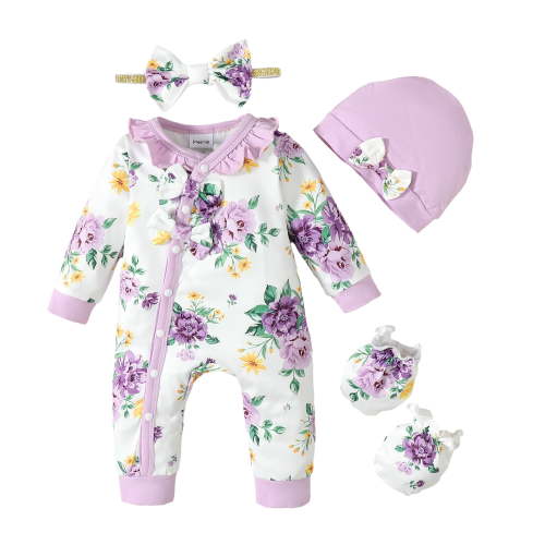 KIMI BEAR Newborn Baby Girls Bodysuit Winter Warm Clothes Long Sleeves Romper Bowknot Floral Jumpsuit Button Bottom One-piece Overalls with Headband and Hat and Gloves 4pcs Purple Preemie