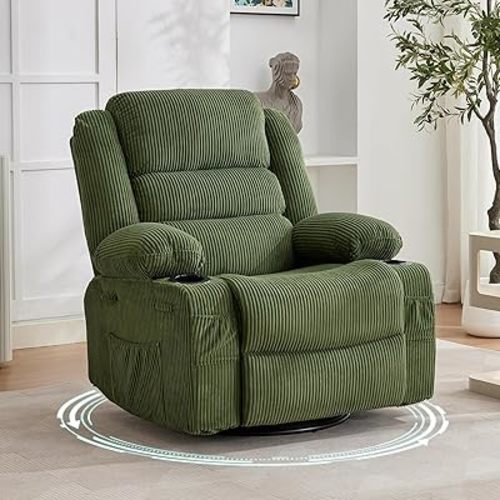 Rocking Recliner Chair for Adults, Oversized 360° Swivel Rocker Recliner with Cup Holder, Nursery Glider with Upholstered Deep Seat Corduroy Comfy Single Sofa for Living Room