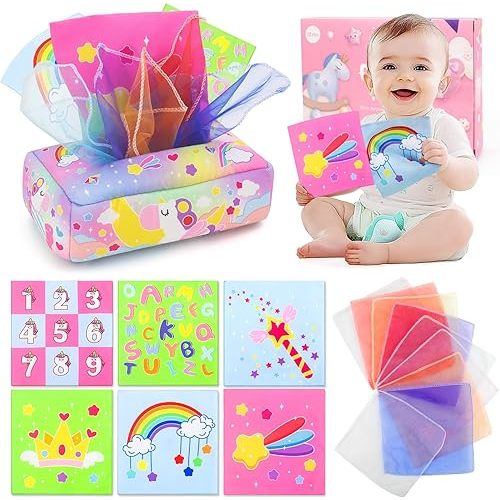 Baby Toys 6 to 12 Months - Tissue Box Toy, Tissue Learning Toys with Alphabet Number Color Sound, Baby Sensory Toy Gifts for 6 9 12 18 Months Old