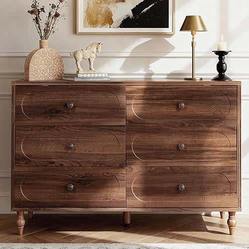 6 Drawer Dresser for Bedroom, 47" Wide Mid-Century Modern Wood Dresser with Solid Wood Legs, Dark Walnut Chest of Drawers with 6 Storage Drawers for Bedroom, Living Room, TV Stand