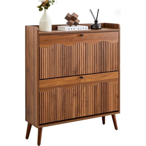 BERRYMERRY 31.5” Fluted Shoe Storage Cabinet with 2 Flip Drawers,Narrow Shoe Storage Organizer Rack with Wave Door for Entryway,Hallway,Living Room