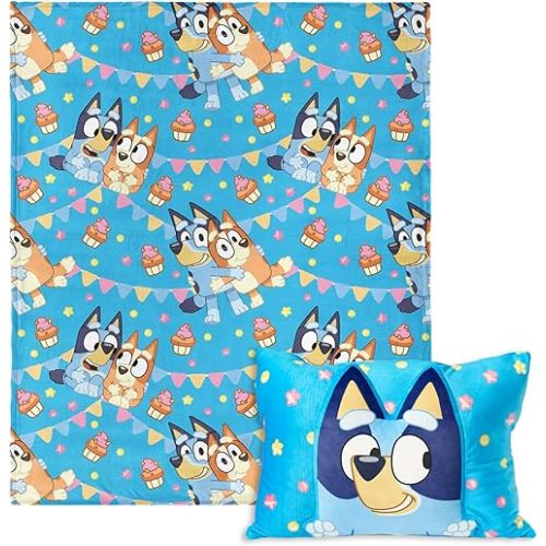 Northwest Bluey Party Pups Silk Touch Throw Blanket 50 x 60 Inches with Bluey Plush Pocket Pillow 14 x 20 Inches - Comfy & Cozy Bluey Blanket & Pillow Set for Boys and Girls
