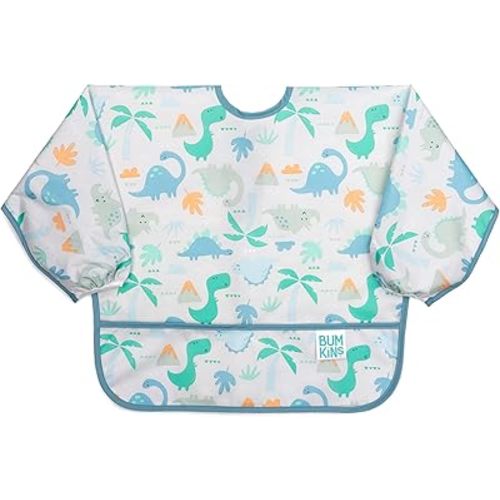 Bumkins Sleeved Bib for Girl or Boy, Baby and Toddler for 6-24 Mos, Essential Must Have for Eating, Feeding, Baby Led Weaning Supplies, Long Sleeve Mess Saving Food Catcher, Fabric, Dinosaur Gray