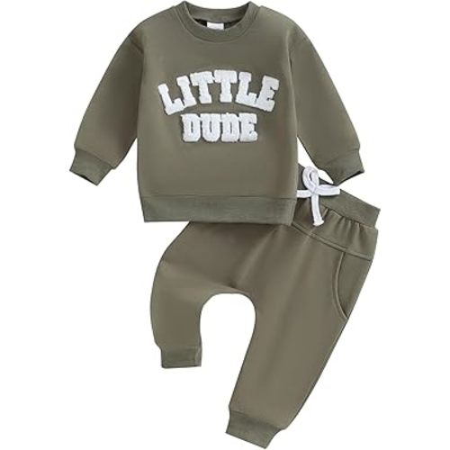 fhutpw Fall Baby Boy Clothes Toddler Embroidery Little Dude Print Long Sleeve Sweatshirt Tops Solid Pants Winter Outfits