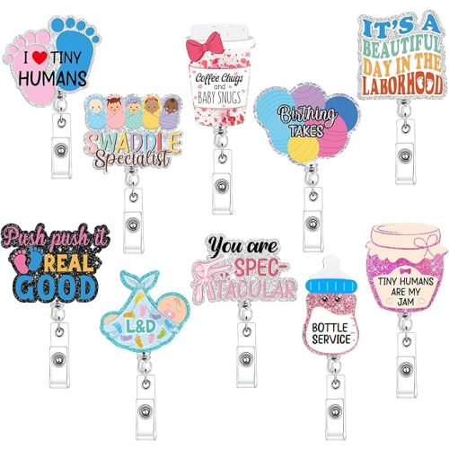 10 Pcs Funny Labor and Delivery Nurse Badge Reels Cute Glitter Nicu Obstetrics Retractable Badge Reel Holder with Alligator Clip Gift for Rn Teacher Doctor(Fresh)