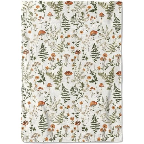 Botanical Fleece Blanket - 50x60in Mushroom Fern Wildflower Throw Blankets,Soft Cozy Lightweight, Ideal for Living Room Home Nature Decor and Kids Women Girls Spring Gifts