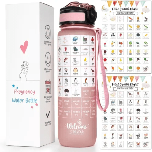 Pregnancy Water Bottle Tracker(Pink), with 2 Different Weekly Stickers, Pregnancy Must Haves First Trimester, New Mom to Be Essentials Gifts for Pregnant Women, Expecting Mother, Maternity, BPA Free