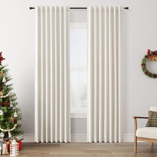 Guken Blackout Curtains 84 Inch Length 2 Panels Set for Living Room Bedroom Back Tab Thermal Insulated 100% Black Out Linen Drapes Room Darkening Window Curtains 84 Inches Long,Beige White