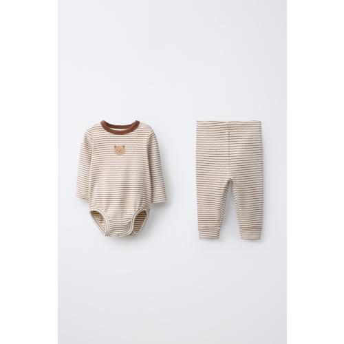 STRIPED EMBROIDERED BODYSUIT AND LEGGINGS SET - Brown | ZARA United States