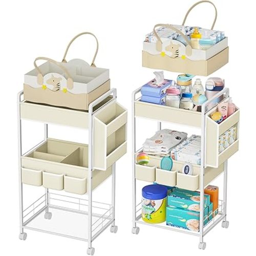 3-Tier Baby Diaper Caddy Cart with Wheels, Nursery Storage Organizer with Dividers & Pockets, Mobile Metal Utility Cart for Baby Essentials, Bedroom, Bathroom, Kitchen & Office