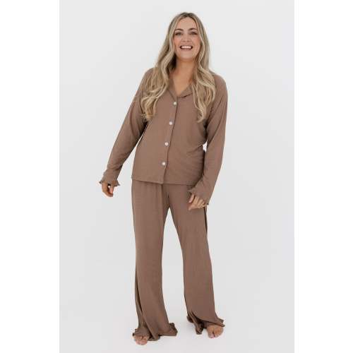 Madison Brown Ribbed Women's Long Sleeve Ruffle Set