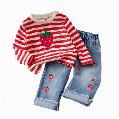 Enyan Toddler Baby Girl Clothes Fall Winter Baby Girl Outfit Strawberry Embroidery Crewneck Sweatshirt Jeans Pants Set
