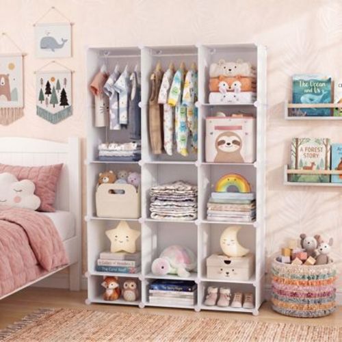 Costway 13-Cube Modular Baby Wardrobe Closet with Hanging Rods & Open Shelves for Clothes White