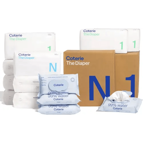 Coterie Baby Wipes + Diapers Kit, Size 1 (198 Count) & Size Newborn Diapers (93 Count), 4 Pack (224) Wipes with 99% Water, Plant Based Materials, Hypoallergenic for Sensitive Skin, Baby Essentials