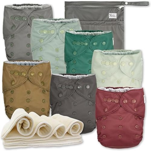 Nora's Nursery AWJ Cloth Diapers 7 Pack with 1 Wet Bag - Waterproof Cover, Washable, Reusable & One Size Adjustable Pocket Diapers for Newborns and Toddlers - Hickory