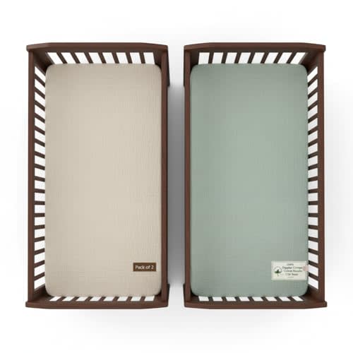 Crib Mattress Sheet Set of 2 Green & Beige, Premium Muslin Cotton, 52x28x9 Fitted Crib Sheets Snugly, Breathable & Soft for Safe Sleep, Stays Smooth After Wash