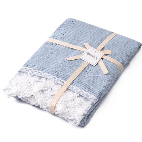 Booulfi Baby Blankets Neutral Knitted Blue Cotton Blue Baby Blanket Stroller Lace Border Crochet Winter Crib Baby Blanket New Baby Essentials