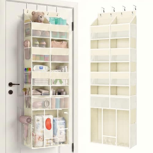Yecaye Over the Door Organizer 5-Shelf, Behind the Door Storage 80lbs Capacity with Extra Large Pocket, Back of Door Organizer and Storage for Baby Nursery Bedroom Dorm Bathroom RV, Beige