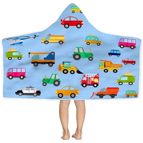 Kids Beach Towel With Hood - Excavators Vehicles Engineering Theme for Boys Girls, Microfiber Soft Bath Poncho Bathrobe Wrap Robe for Swim Pool - Cool Children's Gift