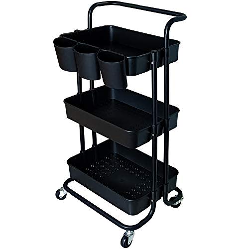 Lontenrea 3-Tier Multifunction Rolling Cart Utility Storage Shelves Cart with Hanging Cup Lockable Wheels and Handle for Office Living Room Kitchen Bathroom (Black)