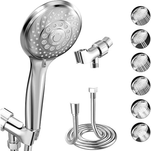 VEHHE Pommeau de douche portable à 6 modes de pulvérisation économisant l'eau, pomme de douche brillante avec buses anti-obstruction et anti-fuites, pomme de douche avec tuyau de 1,5 m et support