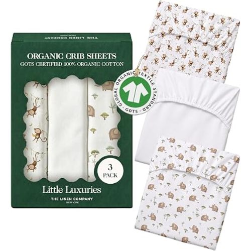 100% Organic Cotton Baby Crib Sheets, 28" x 55", Safari, 3-Pack