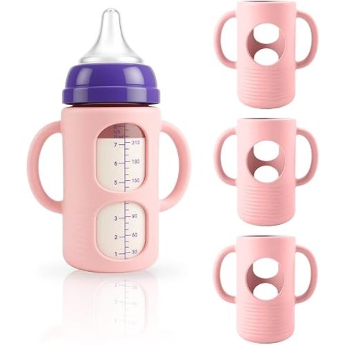 3-Pack Silicone Sleeves for New Lansinoh & Pigeon Glass Baby Bottle, BPA-Free Drop-Resistant Baby Bottle Sleeves with Handles, Compatible with New Lansinoh & Pigeon Glass Bottles (8 oz)