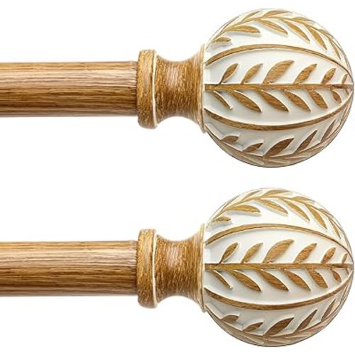 2 Pack Boho Wood Curtain Rods for Windows 48 to 84 inch,1" Adjustable Heavy Duty Window Curtain Rod with Imitation Wood Grain Finials,Rustic Decorative Drapery Rods Set 36-88'',Maple Wood