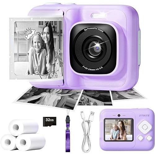 Kids Camera, 1080P Instant Digital Print Camera for Kids, Christmas Birthday Gifts for 4 5 6 7 8 9 10 Year Old Girls Boys, Portable Toy with 32GB SD Card & 3 Rolls Printing Paper, Purple