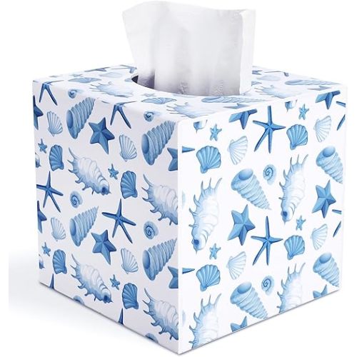 SOMTO Acrylic Square Tissue Box Cover,Beach White Starfish Seashell Coastal Decorative Tissue Holder Dispenser Bathrooms, Desks, Countertops, Vanities, Bedrooms, and Nightstands Decor