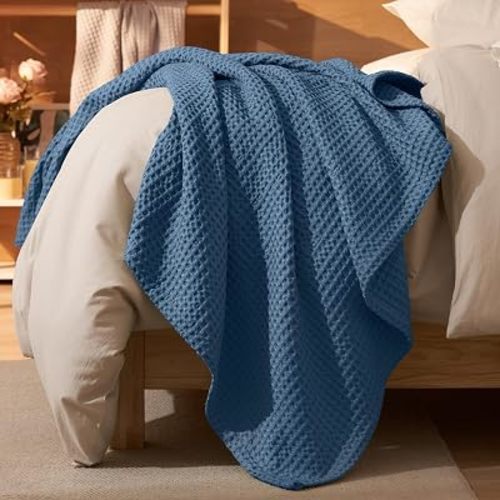 PHF Ultra Soft Waffle Weave Blanket Throw Blanket, Lightweight Breathable Cooling Skin-Friendly for Spring Summer for Hot Sleepers，Aesthetic Home Decor for Bed Couch, Giftable, Navy Blue, 50"* 60"