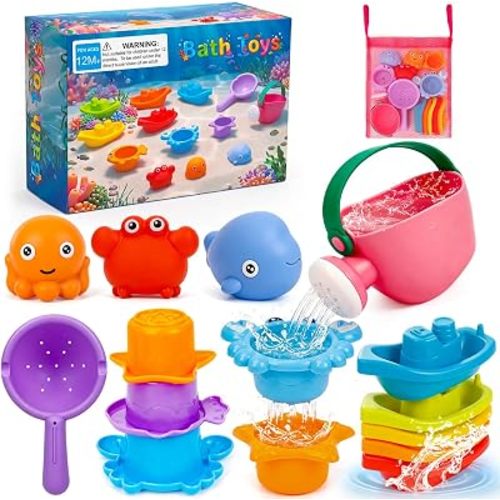 Toddler Bath Toys for Kids Ages 1-3, Pour, Scoop, Stack & Float