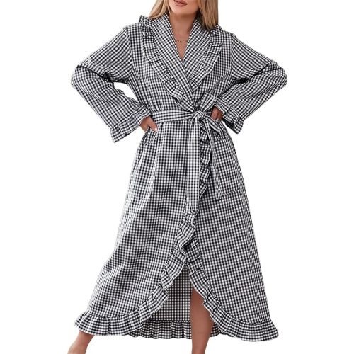 Gihuo Cotton Robes for Women Gingham Long Sleeve Ruffle Trim Bathrobe