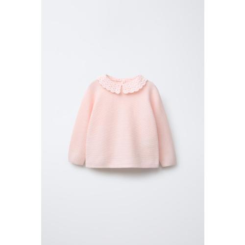 CROCHET KNIT COLLAR KNIT SWEATER - Pink | ZARA United States