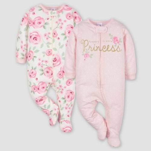 Gerber Baby Girls' 2pk Zip-Front Floral Sleep N' Play - White/Pink Newborn