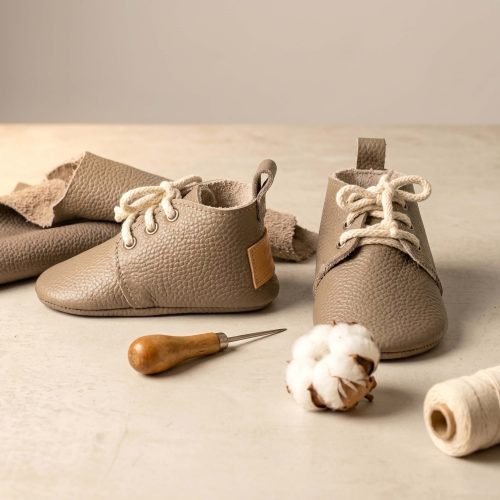 Baby Leather Booties Shoes Lace Up Boot, Handmade Chukka Bootie, Soft Sole Toddler Shoe, Cotton Tie Newborn Walking Gift Idea Stone Pebbled
