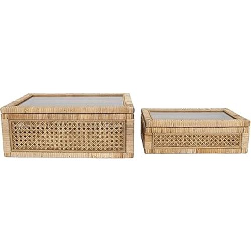 Creative Co-Op Modern Decorative Rectangle Woven Rattan and Wood Display Boxes with Glass Top, Set of 2 Sizes, Natural Finish