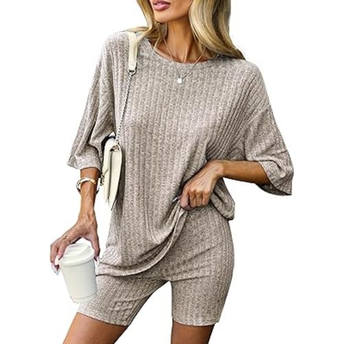 Ekouaer Pajamas 2 Piece Lounge Sets Ribbed Knit Matching Outfits T-shirt Biker Shorts Sleepwear Loungewear Sweatsuits