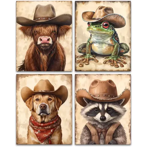 Western Cowboy Nursery Wall Art Prints,Funny Animals Cowboy Wall Art Prints,Vintage Western Farmhouse Wearing Cowboy Hat Wall Decor for Nursery Kid Room Set of 4(8"x10"Unframed)