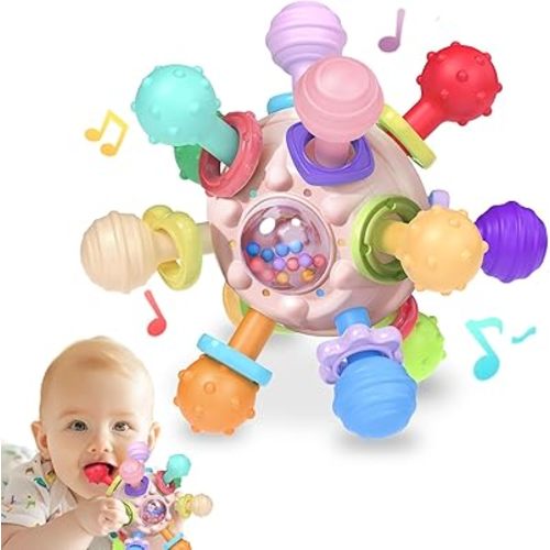 Baby Montessori Teething Toys 0-6 6-12 Month, Food Grade Baby Rattle Chew Sensory Teething Toys, Newborn Infant Learning Developmental Birthday Gifts for Boys Girls - Pink