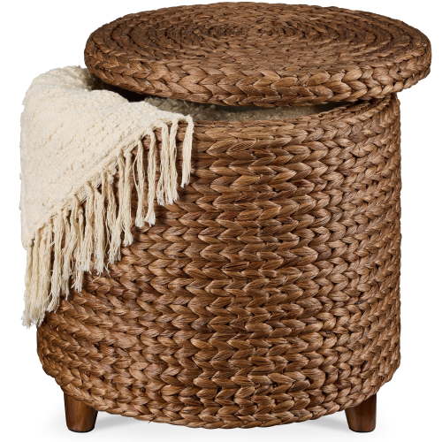 Best Choice Products 17" Round Storage Ottoman with Lid - Handwoven Water Hyacinth Modern Footstool, Chestnut