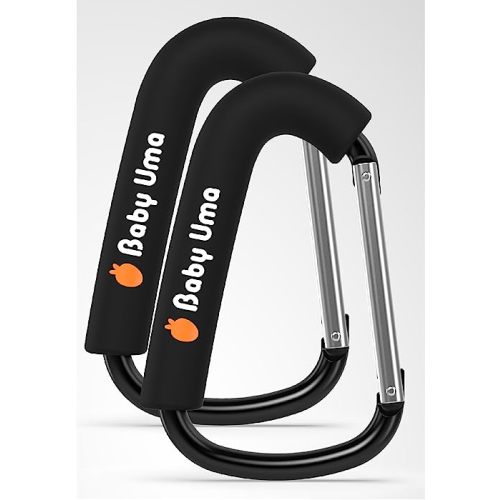 Baby Uma XL Carabiner Clips Heavy Duty (2 Pack) - Universal Stroller Hooks, Carry 11 lbs per Large Carabiner Clip, Stroller Clips and Hooks, Carabiner Large, Stroller Accessories for Mom - Black & Silver XL