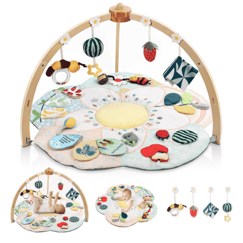 PRVAETU Wooden Baby Play Gym & Activity Mat, 5 Developmental Zones Tummy Time Mat with 4 Detachable Sensory Toys,for Infant Newborn Toddlers
