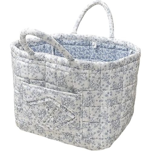 Floral Storage Car Basket Diaper Caddy Organizer Quilted Laundry Basket Foldable Nursery Hamper Bag