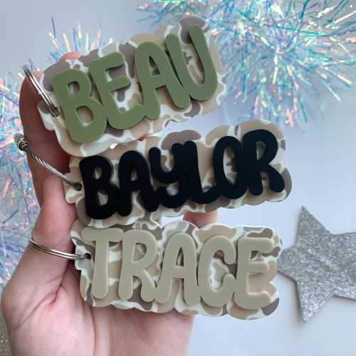Camo Print Acrylic Name Keychain: Custom Boy Bag Tag