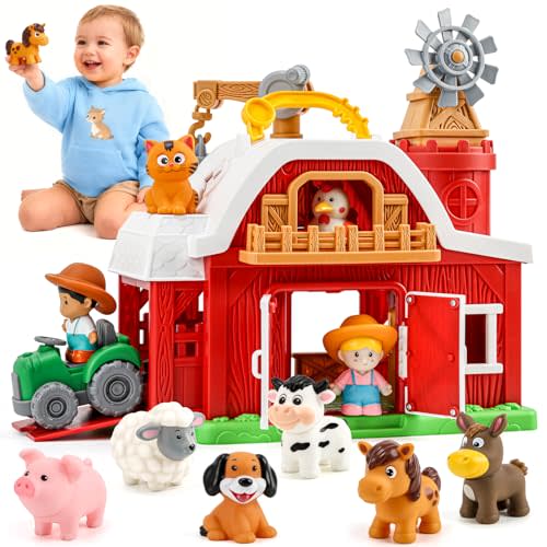 15-Piece Upgraded Farm Animal Big Barn Playset Gifts for Toddlers Christmas|Montessori Learning Toys for 18 Months Olds Girls Boys|Pretend Interactive Animal with Tractor Birthday Gifts for 2 Years