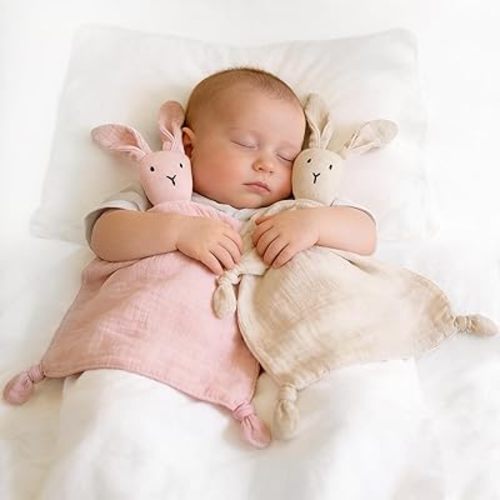 ZIGJOY Bunny Lovey Muslin Cotton Baby Security Blanket Soft Breathable Lovies for Babies Gifts for Newborn Infant Toddler Boys and Girls, Pink & Khaki