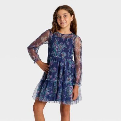 Zenzi Girls' Long Sleeve Floral Printed Mesh A-Line Dress - Navy Blue